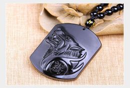 Obsidian Wolf Head Necklace Pendant Carved Stone Wolf Totems Lucky Amulet Beads Necklaces For Women Men Cool Jewelry7322211