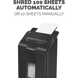 Effortlessly shred documents with the Fellowes AutoMax Micro-Cut 100M Commercial Office Auto Feed 2-in-1 Paper Shredder - 100-Sheet Capacity for maximum efficiency