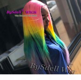 bright Colourful rainbow hair wig synthetic long straight pink yellow green purple ombre hair lace front wigs beauty fashion female9295231