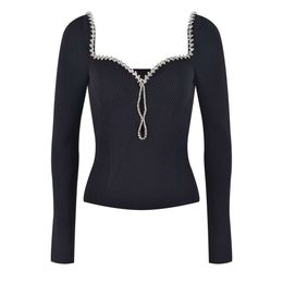 Spring SP New Knitted Sweater Women Rhinestone Trimmed Square Neck Slim Top Small Fragrance Style High-end Versatile Solid Color Blouse FZ2404181