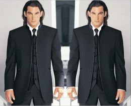 Tuxedos Black Groom Tuxedos Mandarin Lapel Best Man Groomsmen Men Wedding Suits Bridegroom (Jacket+Pants+Tie+Vest) Custom Made KM6004