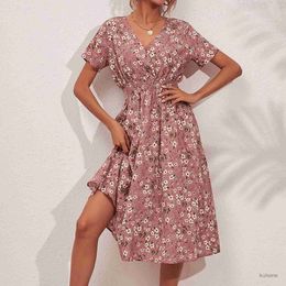 Basic Casual Dresses Chiffon Dress Summer Dress 2024 Retro Red Floral Print Female Casual V-neck Short-sleeved A-line Beach Long Robe Dress