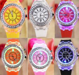 Geneva Led Luminous Diamond Wristwatch crystal Digital light watch unisex Rhinestone silicone jelly candy fashion flash up backlig5804299