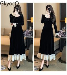 Casual Dresses GkyocQ French Retro Women Dress Elegant Square Collar Long Sleeve High Waist Slim A Line Lace Black Velvet Female