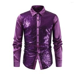 Men's Casual Shirts Slim Fit Men Shirt Sequin Shiny Performance For Turn-down Collar Single-breasted Long Sleeves Satin Club