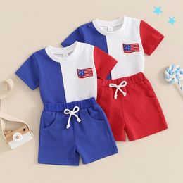 Clothing Sets Toddler 4th Of July Boys Outfits Flag Embroidery Contrast Colour Short Sleeve T-Shirts Elastic Waist Shorts 2Pcs Clothes Set