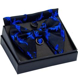 GUSLESON Decorative pattern Big Bow Tie White Black Bowtie Pocket Square Cufflinks Set with Gift Box Wedding Necktie For Man 240418