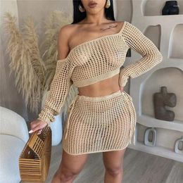 Work Dresses Sexy Crochet Two Piece Set Hollow Out Perspective Women Long Sleeve Crop Top Mini Skirt Spaghetti Evening Party Prom Dress