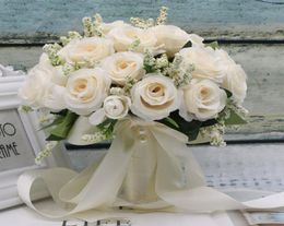 Holding Flowers Artificial Natural Rose Wedding Bouquet with Silk Satin Ribbon Bridesmaid Bridal Party5721948