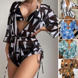 Women's Swimwear 3 Pcs/Set Bathing Suit Multi Stings Leaf Print Contrast Colour See-through Lace Up Swimming Low-cut Halter Neck Set Wate