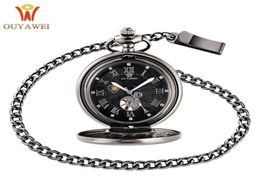 OUYAWEI Vintage Pocket Watch Black Case Hollow Dial Moon Phase Function Hand Wind Mechanical Fob Watch T200502207U5576569