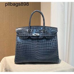 Handmade 7a Handbag Bikns Genuine Leather Storm Blue Crocodile Skin 30Cm Womens Handheld with Handsewn470G