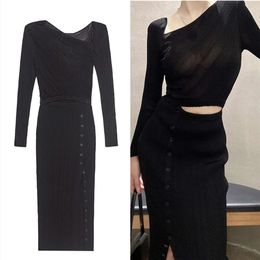 SP Elegant French Black Dresses Cut Out Waist Classic Party Holiday Wear Slit Hem Midi Skirt For Ladies Clothes FZ2404179