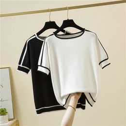 Women's Sweaters Casual Thin Knitted T-Shirt Camisetas Mujer Summer Short Sleeve Tops Elegant Woman Clothes Striped Fashion Tee Shirt Femme