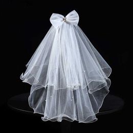 Wedding Hair Jewelry Wedding Bridal Headdress Full Of Classical Style Ladies White Two-Layers Gauze Elbow length Beaded Veil With A Bow