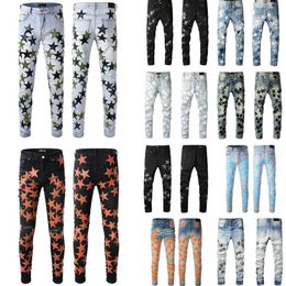 2024 For Guys Rip Slim Fit Skinny Man Pants Orange Star Patches Wearing Biker Denim Stretch Cult Stretch Motorcycle Trendy Long Straight Hip Hop With Hole Blue