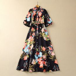 Summer Black Floral Print Belted Shirt Dress Lantern Sleeve Stand Collar Buttons Long Maxi Casual Dresses S4F210221