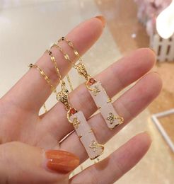 Real Gold Plated Stainls Steel Necklace Jewellery Long Bamboo Shape Pink Natural Jade Pendant Necklace for Women Girls282w6139403