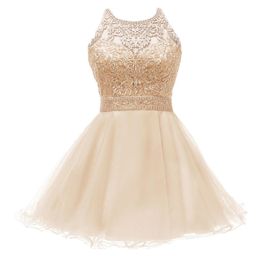 2021 Blush Short Homecoming Prom Dresses Halter Lace Appliques Beaded A Line Ruffles Skirt CrissCross Back Junior Graduation Prom9922532