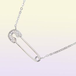 2018 Delicate 925 sterling silver drop charm dainty paper clip paved small cz stone necklace Safety Pin for women girls2387112