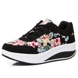 Slippers Women Breathable Toning Shoes Flower Printed Comfortable Thick Soles Swing Shoes Platform Wedge Slimming Sneakers