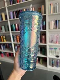 water bottle ZK20 New 2024 Starbucks Studded Tumblers 710ML Plastic Coffee Mug Bright Diamond Starry Straw Cup Durian Fish scale Cups Gift Product L48