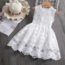 Girl's Dresses White Summer Flower Girl Dress 2024 Birthday Sleeveless Wedding Evening Ball Dress Tutu Lace Flower Childrens Dress Q240418