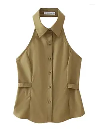 Women's Blouses Summer Fashion Single Breasted Side Blet Decoration Womens Khaki Slim Tops Girl's Halter Collar Sleeveless Solid Shirts