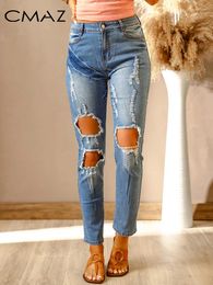 Women's Jeans CMAZ Casual Washed Ripped Straight Streetwear Woman 2024 Summer Blue Ankle-length Wash Cotton Denim Pant Trousers LC786051