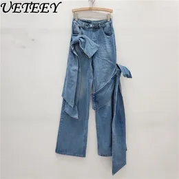 Women's Jeans Retro Washed-out Bow Decorative Baggy Loose Cool Lace-up Natural Waist Straight-Leg Denim Pants Trousers For Women