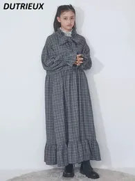 Casual Dresses Japanese Style Spring And Autumn Long Sleeve Dress Sweet Cute Girl Mori Retro Maxi Bow Lace-up Loose Plaid