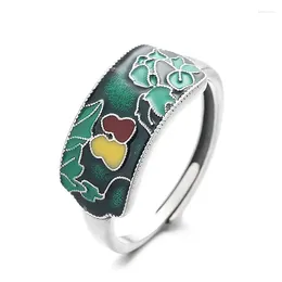 Cluster Rings Langyan 925 Sterling Silver Vintage Ethnic Style Enamel Finger Ring For Women Green Leaf Gourd Adjustable Open Jewelry