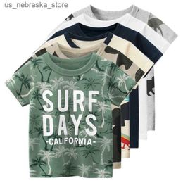 T-shirts Korean childrens summer clothing 2024 cotton short sleeved boy T-shirt letter camouflage printed O-neck baby top childrens clothing Q240418