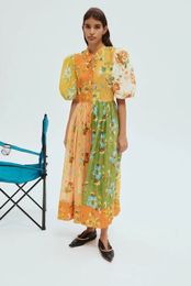 Trendy 2024 Summer New Designer Dress Linen Flower Print Bubble Sleeve Holiday Dress