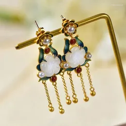 Dangle Earrings S925 Sterling Silver Gold-Plated Design Inlaid Natural Hetian Jade Flower Roasted Blue Pearl Retro Ethnic Style