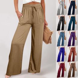 Women's Pants Women Wide Leg Drawstring Elastic Waist Solid Color Trousers Spring Summer Office Lady Cotton Linen Loose Casual Long Pant