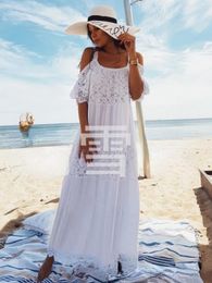 Party Dresses Boho Lace Patchwork Maxi Dress Women's Tunic Sexy White Summer Beach Vacation Bikini Blouse