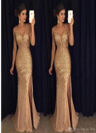 Champagne Tulle Formal Evening Gowns New Sexy Prom Dresses Gorgeous Sparkly Side Split Crystal Bling Bling Vestidos Handmade Rhine7977839