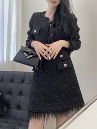 Work Dresses 2024 Spring Summer Luxury Women Casual Sequined Feathers Tweed Jacket Coat A-Line Skirt Suits 2 Colour For Ladies Gdnz 2.29