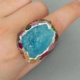 Cluster Rings YYGEM 27x28mm Natural Blue Aquamarine Rough Tourmaline Gold Plated Handmade Unique Ring For Women Jewelry