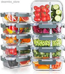 Bento Boxes 10 Packs 30oz Glass Meal Prep Containers 2 CompartmentsGlass Food Storage Containers with Lids Airtight Lunch Bento Boxes L49