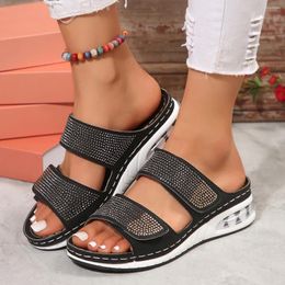 Slippers Women Cross-border Casual Large Size Rhinestone Wedge Heel Air Cushion Outdoor 2024 Summer For