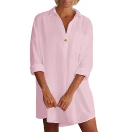 Casual Dresses Female Loose Fit Shirt Dress Spring Summer Short Sleeve Lapel Mid Length V Neck Solid Colour Button Up Robe