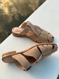 Slippers Baotou Muller Woven For Women 2024 Spring/Summer Abrasive Leather Flat Loafers Semi-slipper Sandals