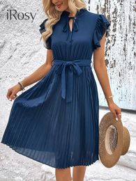 Casual Dresses Elegant Midi Pleated Dress For Women In Blue Ruffle Sleeve Elastic Waist With Belt Female Summer Clothing Party Outfit