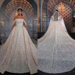 Luxurious Ball Gown Wedding Dresses Off Shoulder Beads Appliques Lace Custom Made Lace-Up Back Sweep Train Bride