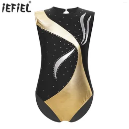 Stage Wear Kids Girls Gymnastics Dance Performance Ballet Leotards Metallic Shiny Rhinestones Keyhole Back Sleeveless Unitard Bodysuit