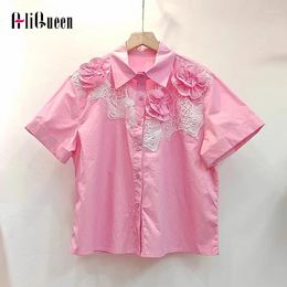 Women's Blouses Summer Women Sweet Pink Short Sleeve Embroidered Flowers Appliques Shirt Korean Female Slim Striped Shirts Blouse Top