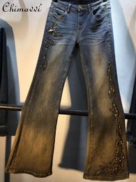 Women's Jeans European Station 2024 Autumn Heavy Industry Beads Rhinestone High Waist Fashion Slim Stretch Skinny Denim Trousers
