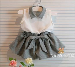 11502 New Summer Girls Sets Baby Kids Twopiece Clothing Suit Chiffon White Tops Vest With Bowknot Shorts Girl 2pcs Set Children O4312466